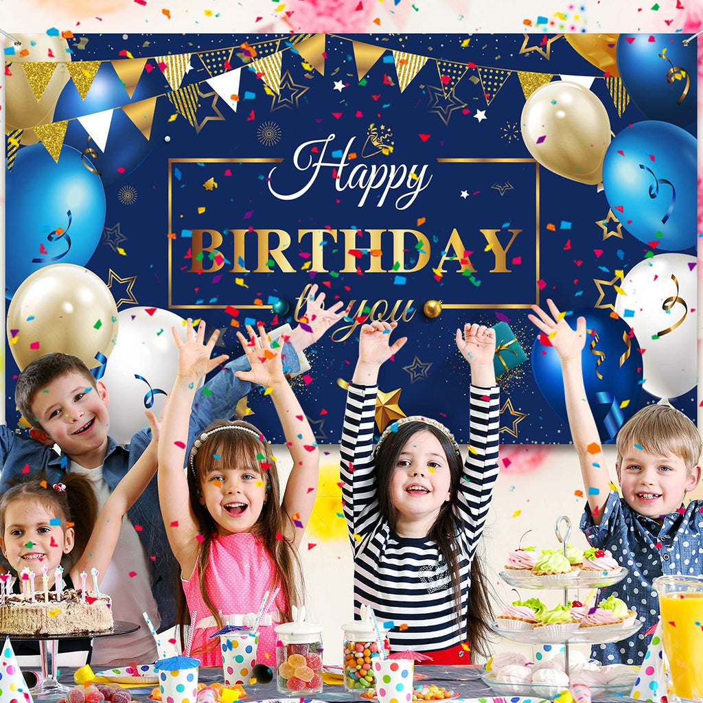 Children celebrating a birthday with balloons, confetti, cake, and treats. A navy blue banner reads 'Happy Birthday to you'.