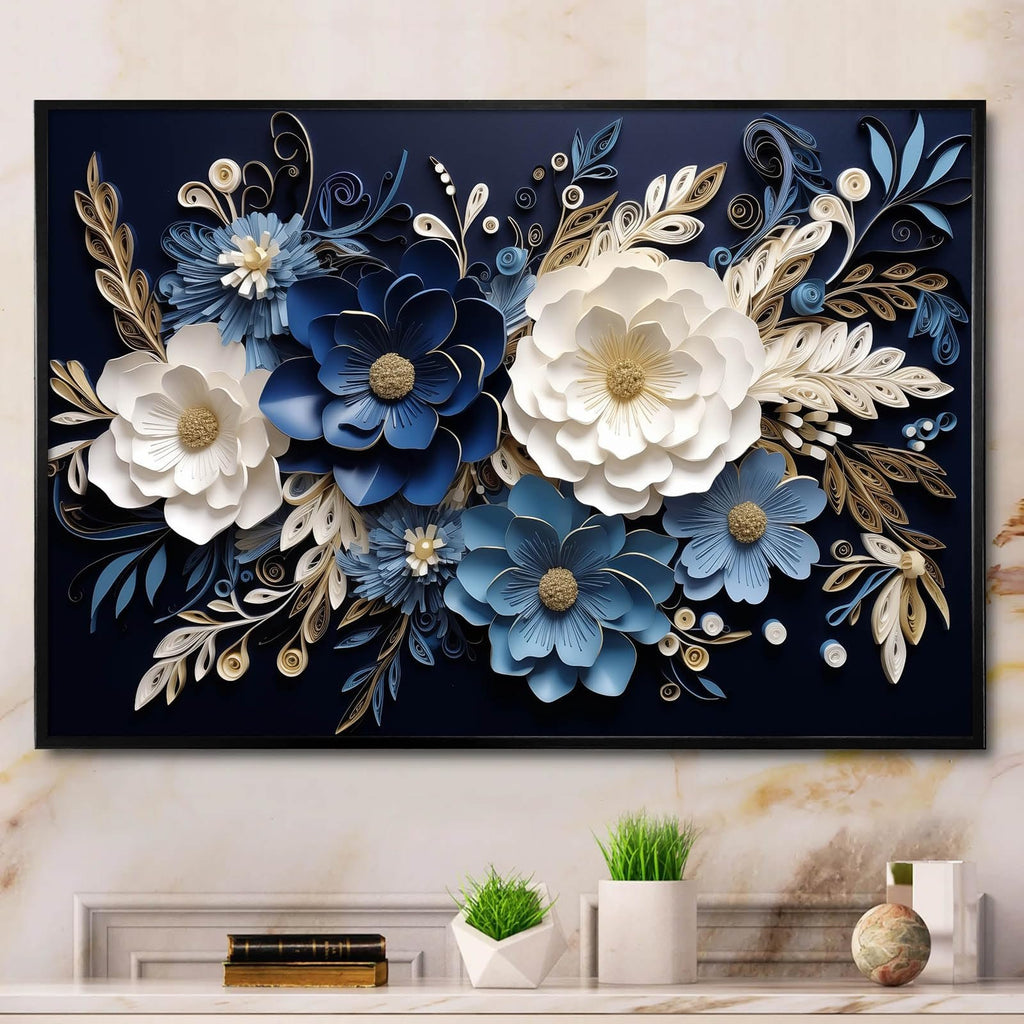 Framed 3D textured abstract botanical floral wall art with navy blue, white, and gold paper flowers.