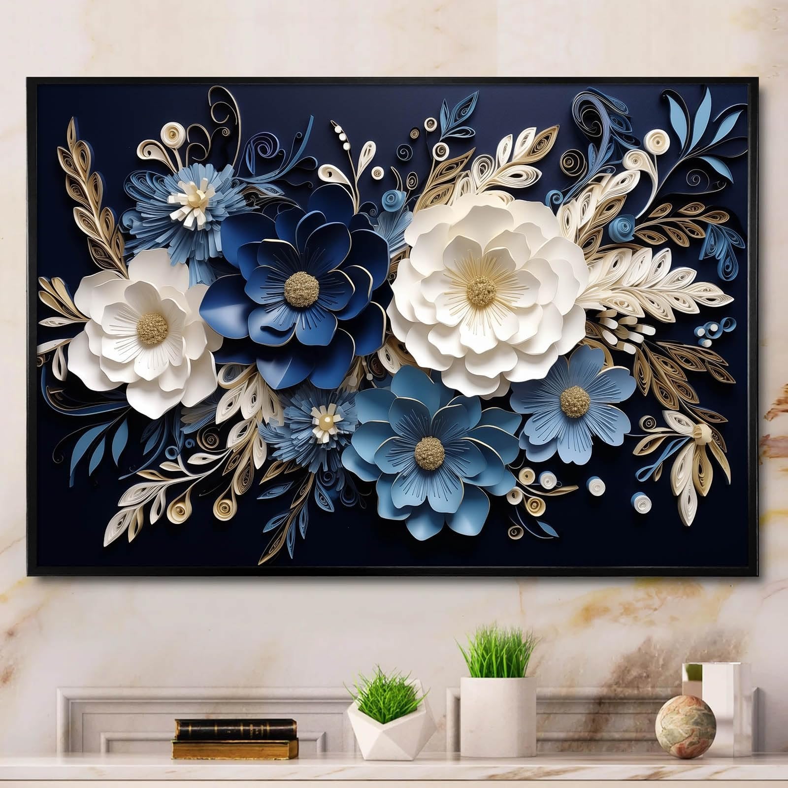 Framed 3D textured abstract botanical floral wall art with navy blue, white, and gold paper flowers.