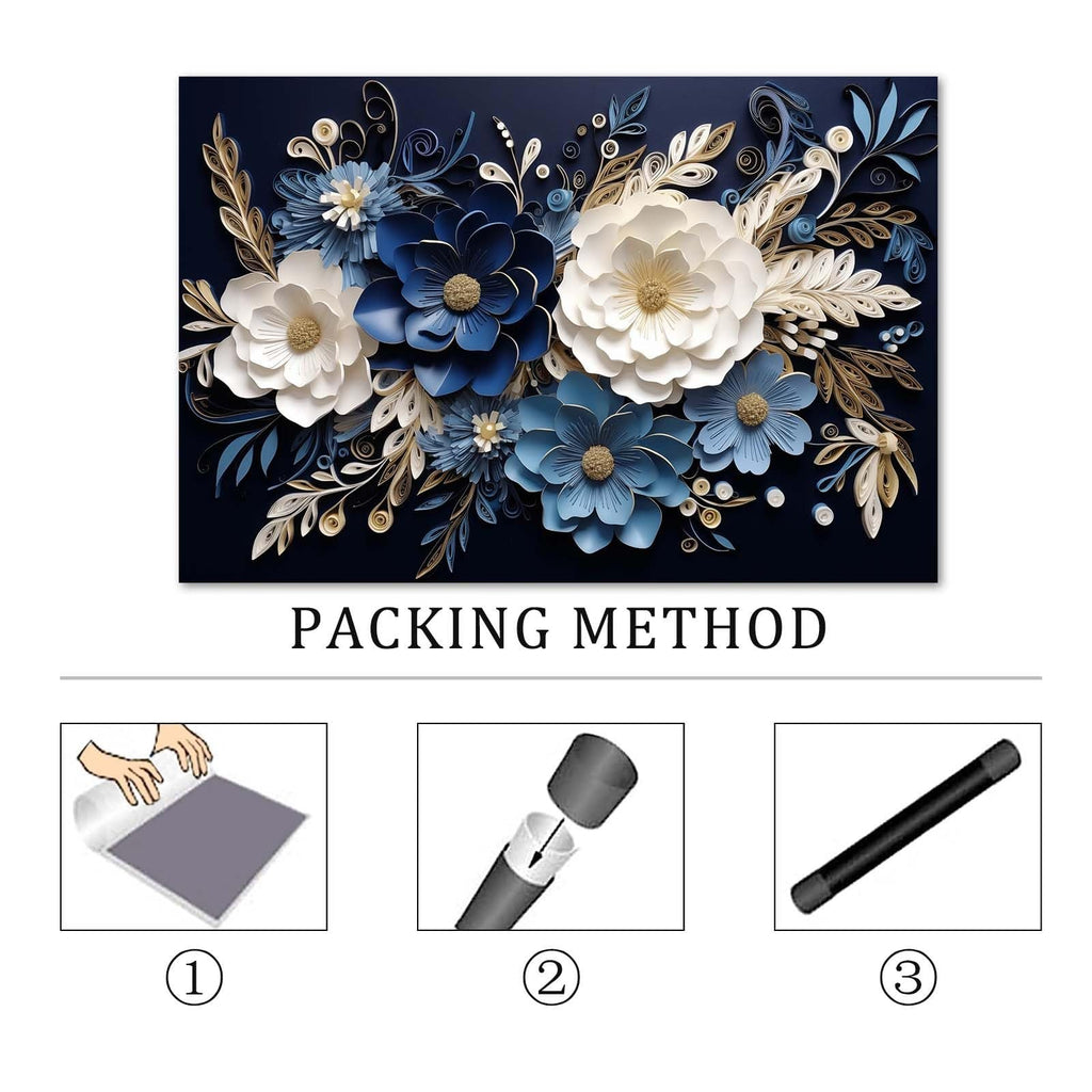 Navy blue and white textured abstract floral wall art with packing method illustration below