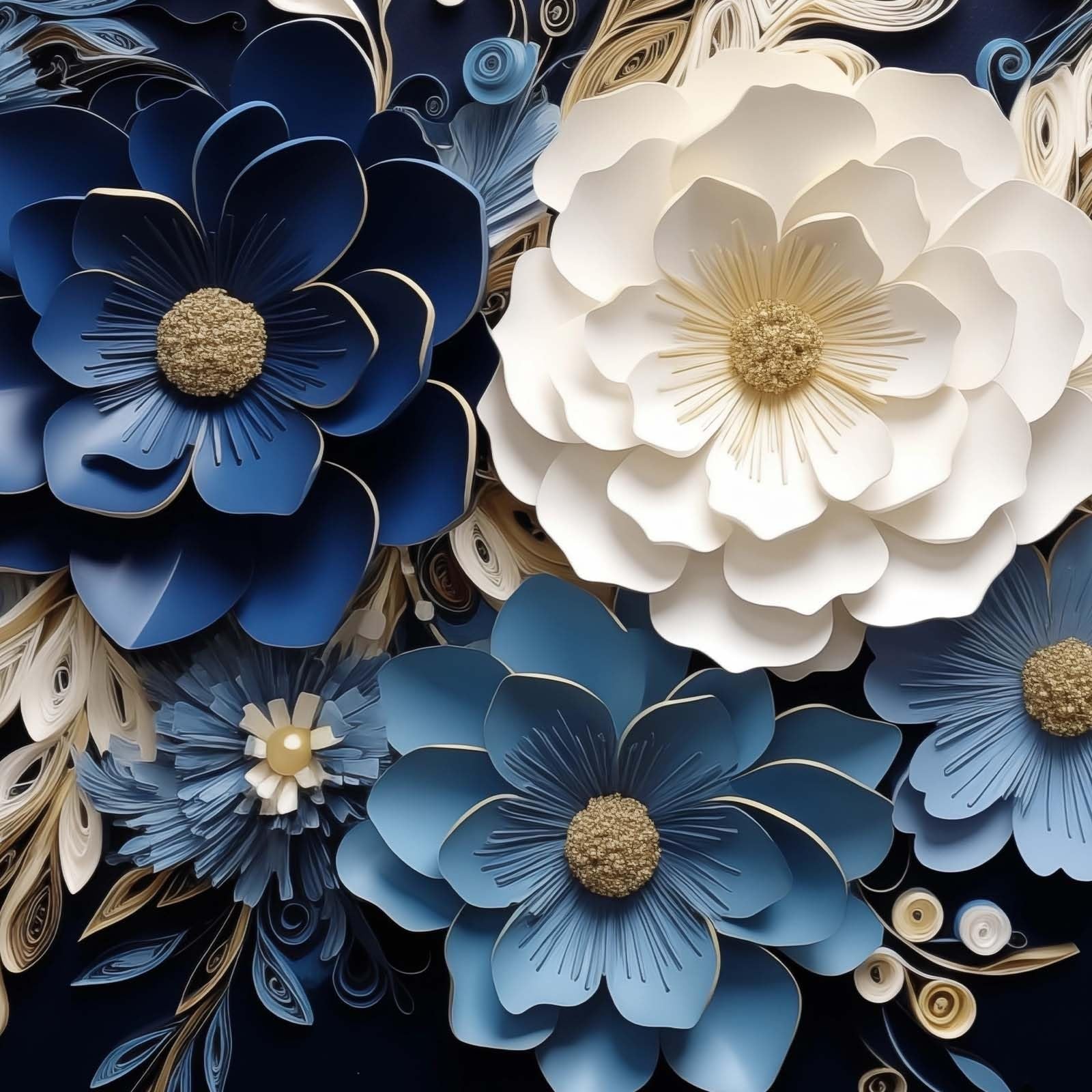Close-up of 3D textured abstract floral wall art with navy blue, light blue, and white paper flowers against a dark background.
