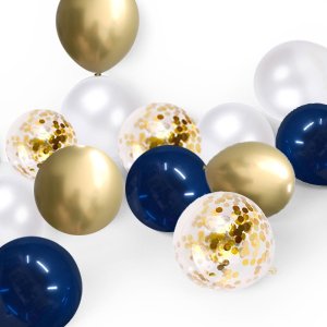 Navy blue, pearl white, and gold confetti balloons arranged in a cluster against a white background.