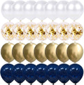 Set of 50 balloons in navy blue, pearl white, and gold confetti, arranged in rows.