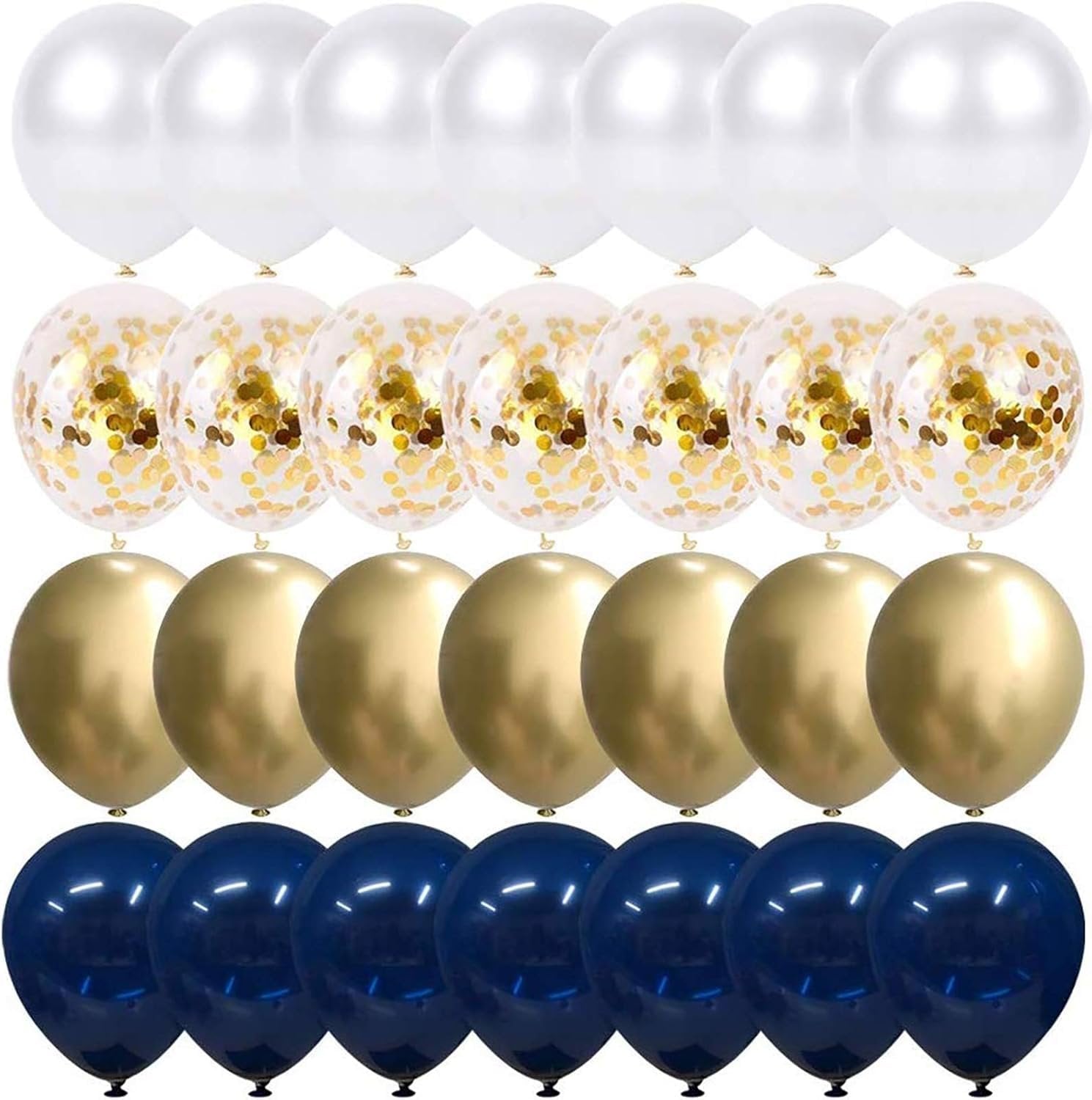 Set of 50 balloons in navy blue, pearl white, and gold confetti, arranged in rows.