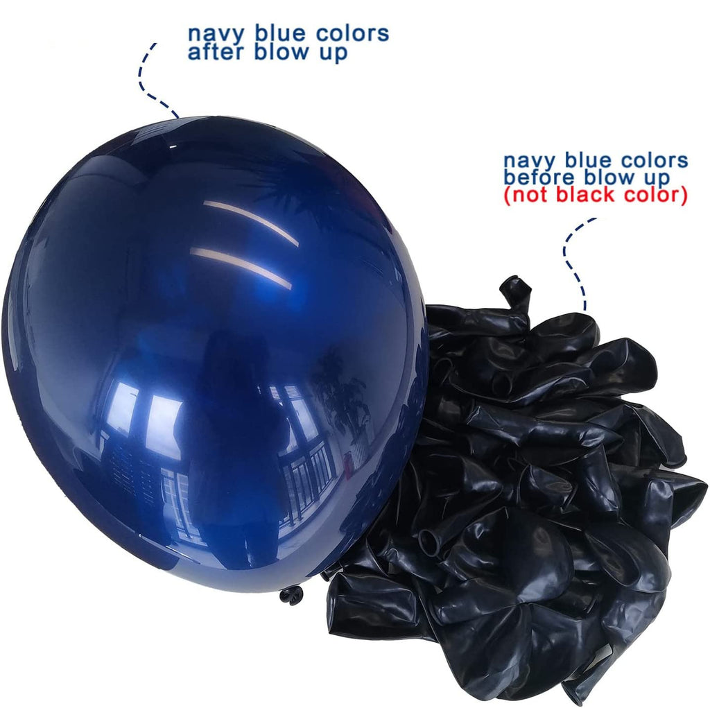 One inflated navy blue balloon next to a pile of uninflated navy blue balloons, showing color difference before and after inflation.