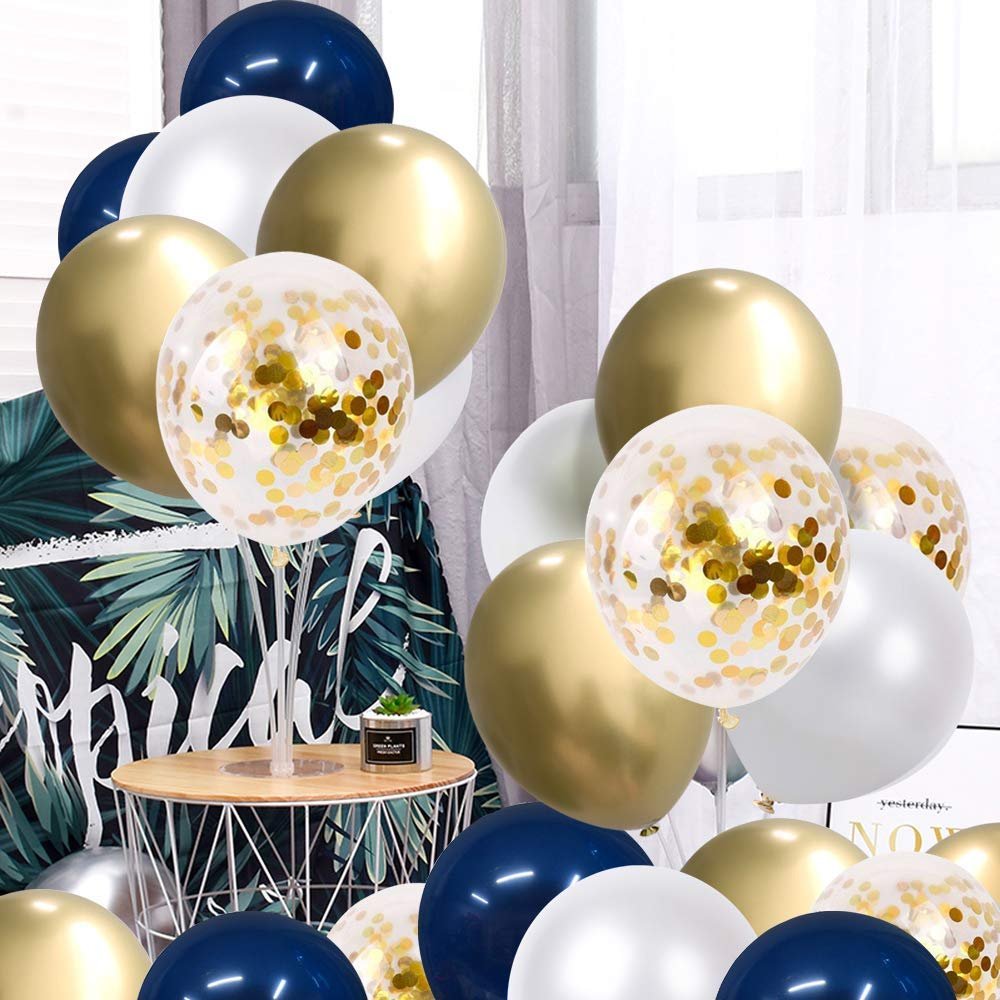A collection of navy blue, pearl white, and gold confetti balloons arranged in a festive display.