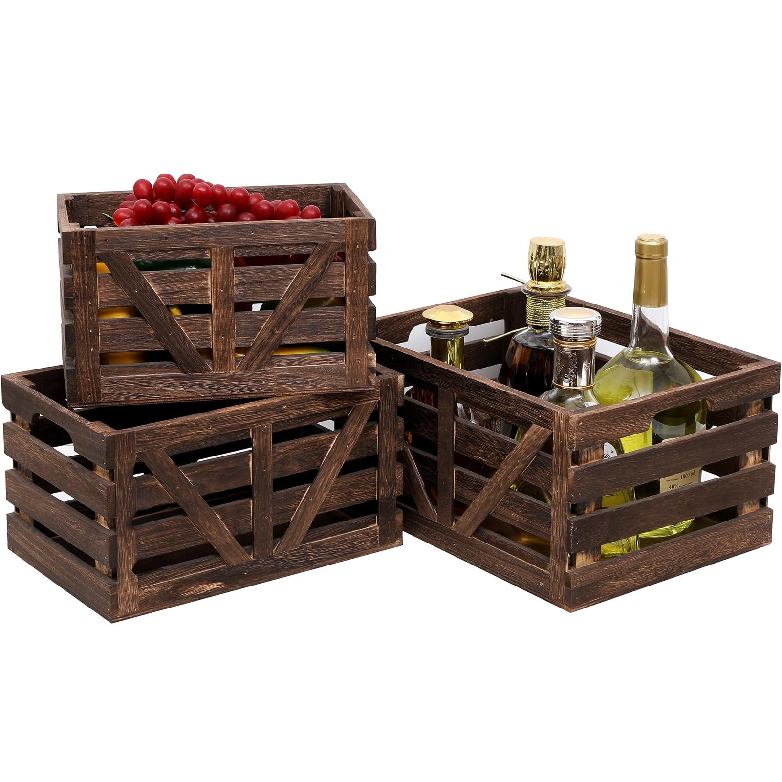 Set of 3 nested wooden storage crates filled with grapes, fruit, and bottles
