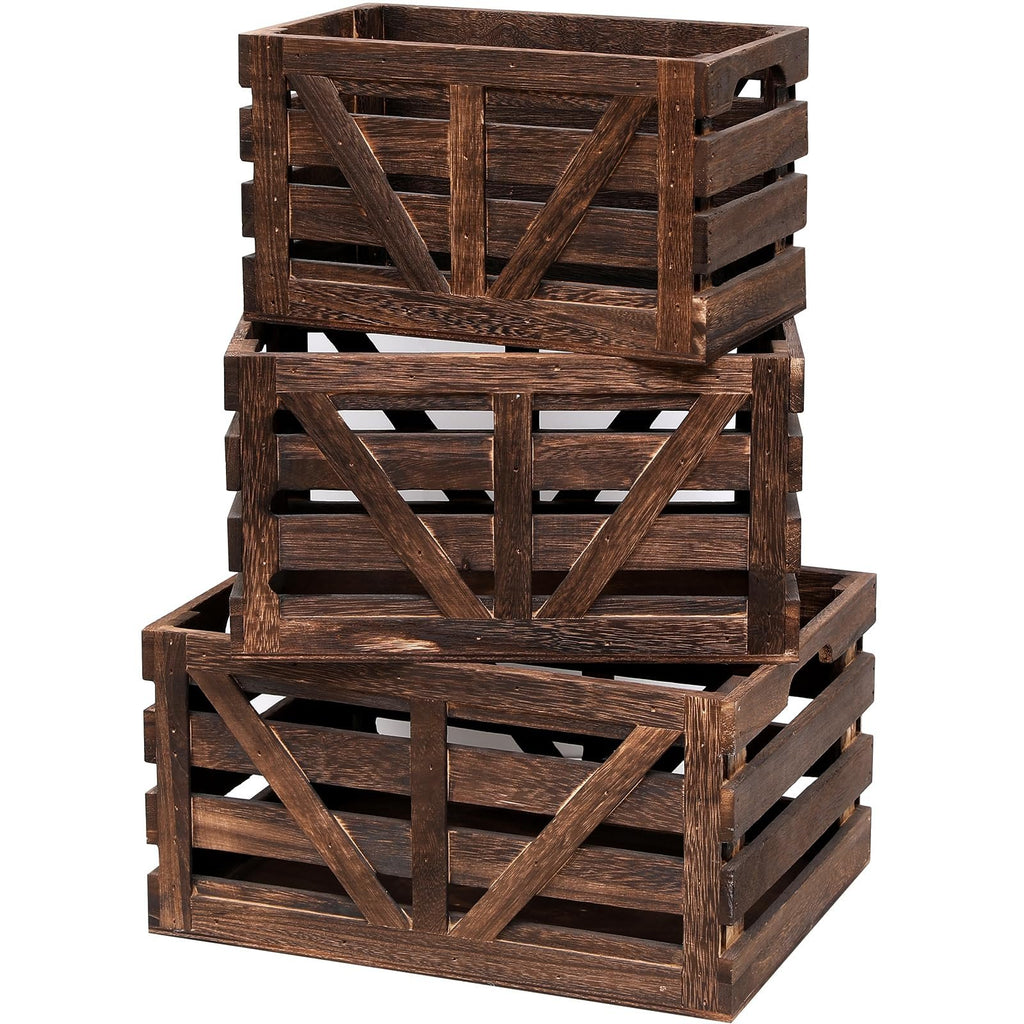 Stack of three dark brown wooden storage crates with handles, shown against a white background.