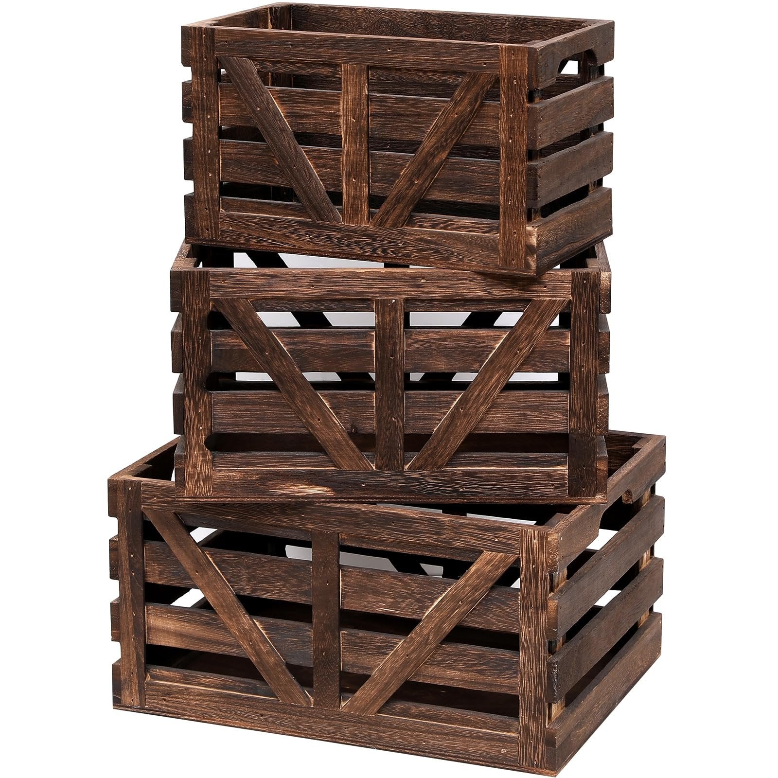 Stack of three dark brown wooden storage crates with handles, shown against a white background.