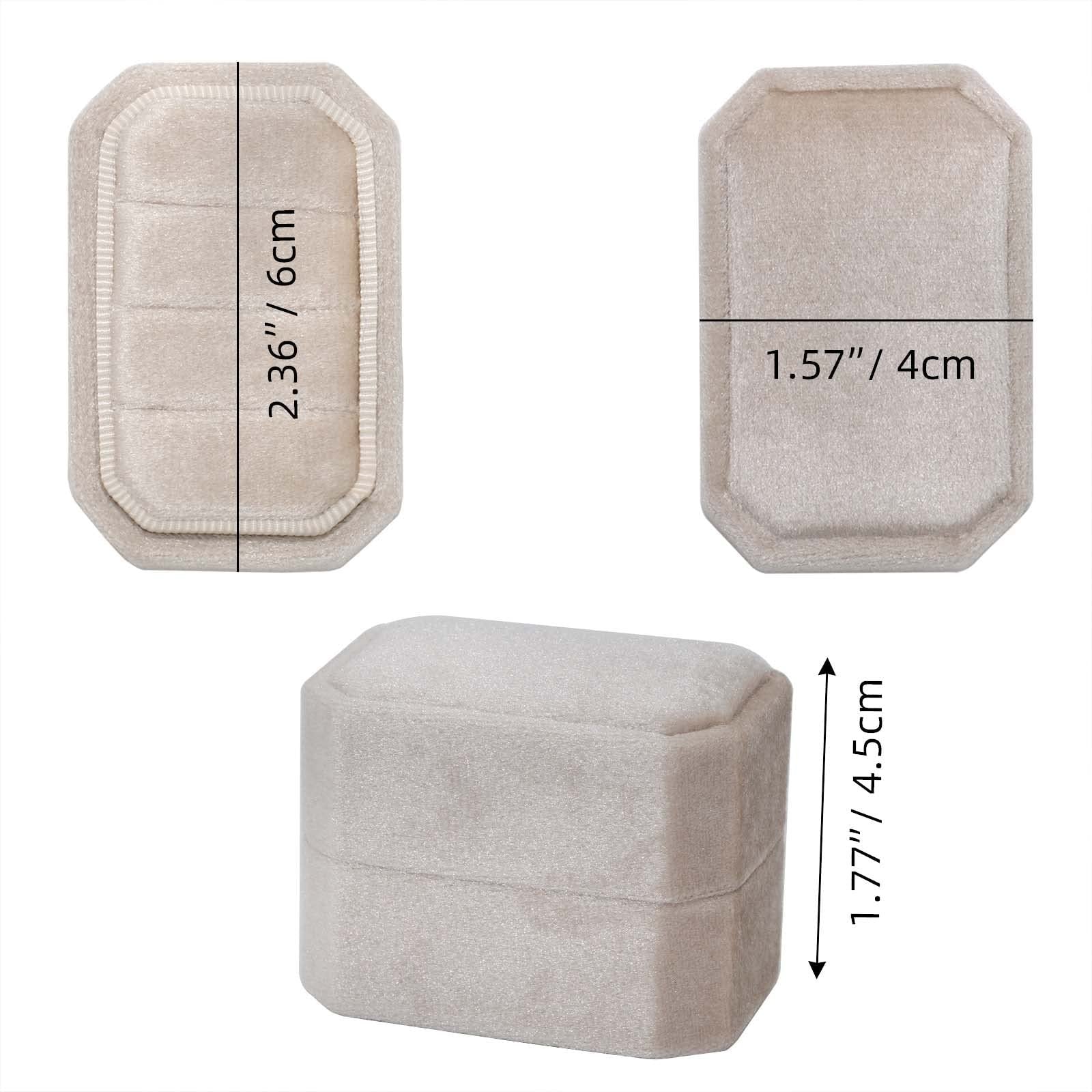 Beige octagonal rectangle velvet ring box with 3 slots shown from top and side, with dimensions indicated.