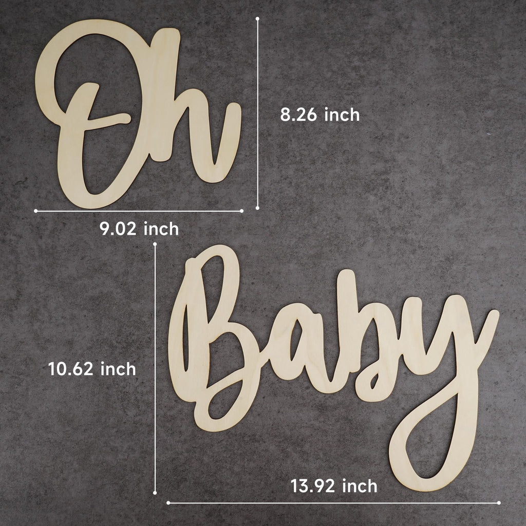 Wooden 'Oh Baby' sign with dimensions indicated by white lines and text.