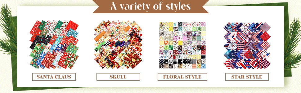 Four stacks of fabric squares showcasing different print styles: Santa Claus, Skull, Floral, and Star patterns.