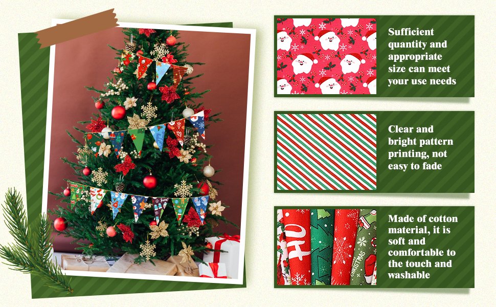 Christmas tree decorated with fabric bunting and ornaments, with fabric swatches and descriptions on the right.