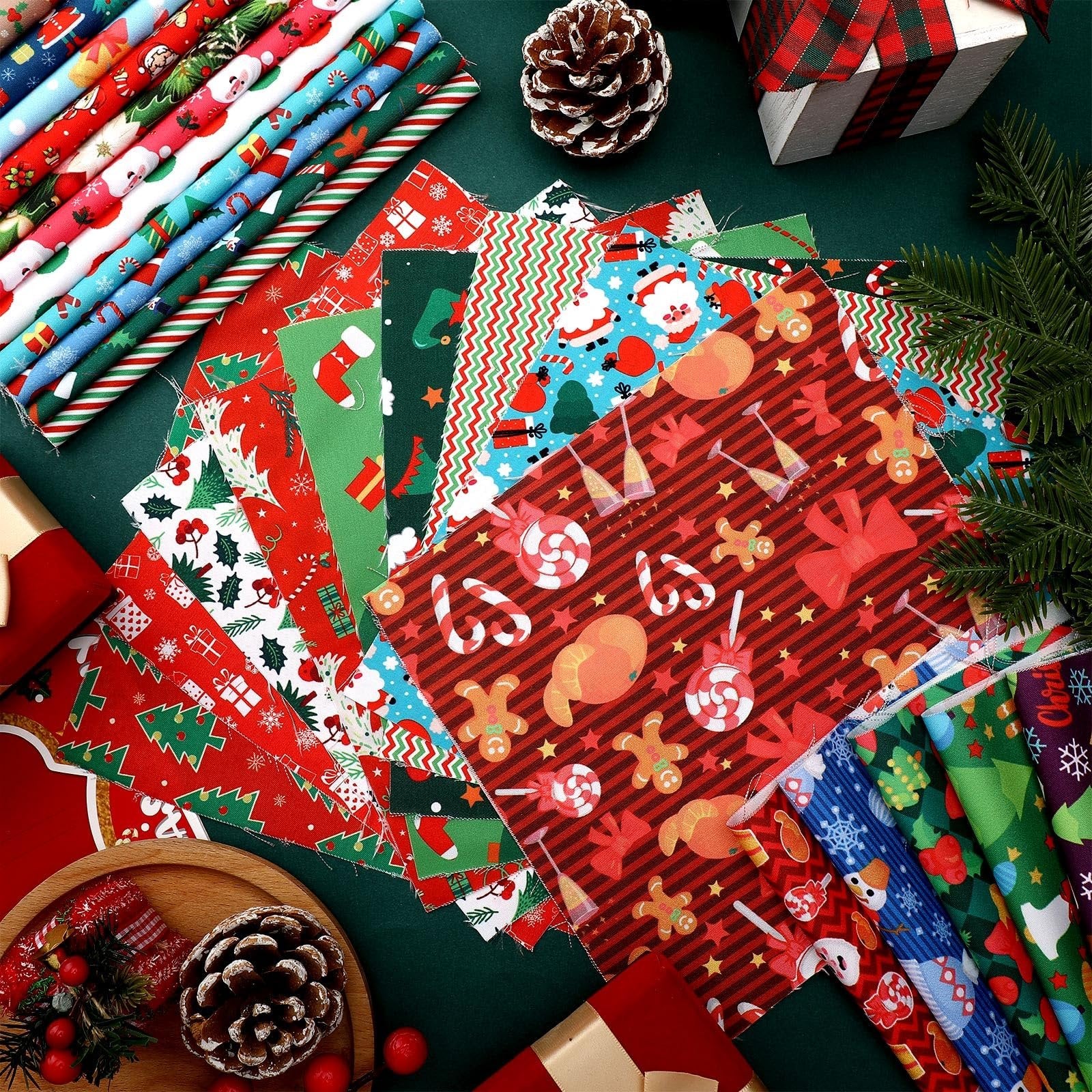 Stack of 8x8 inch Christmas-themed fabric squares with Santa, snowmen, trees, and candy canes.