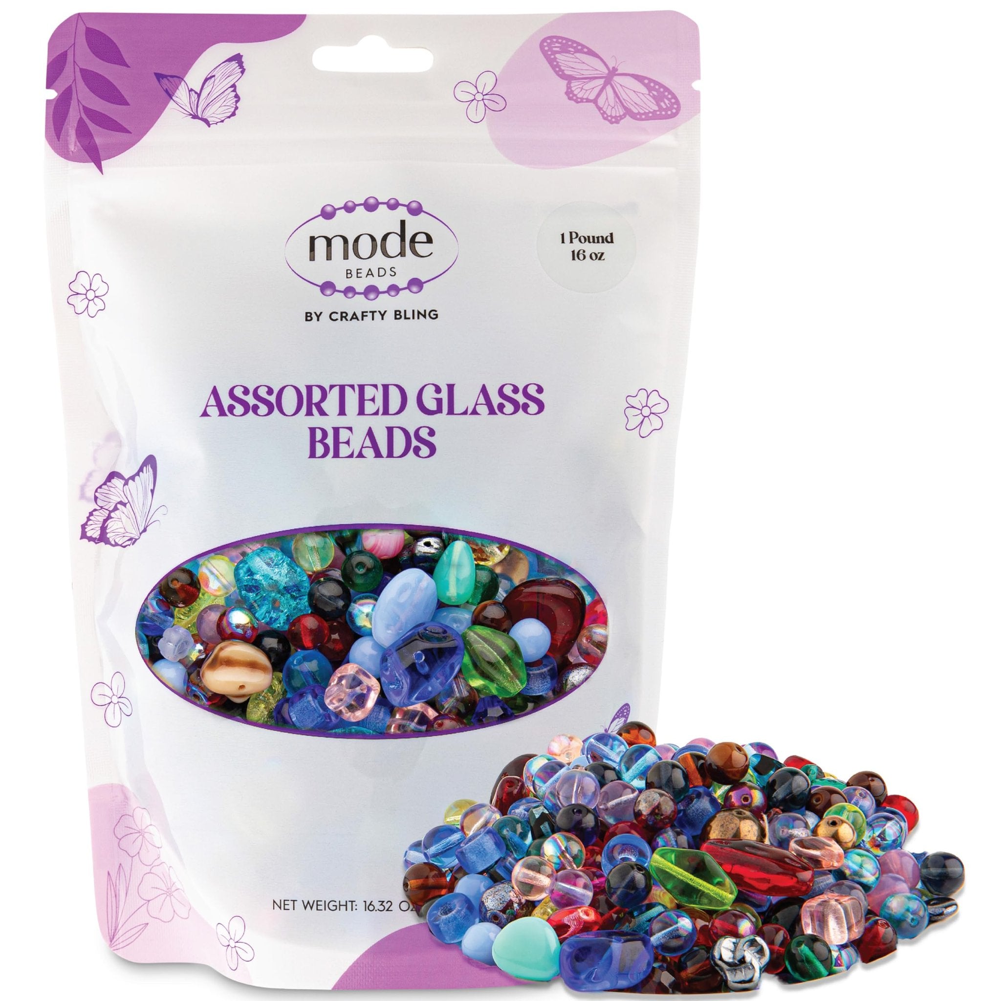 Bag of assorted glass beads with a pile of beads spilling out, showing various colors and shapes.