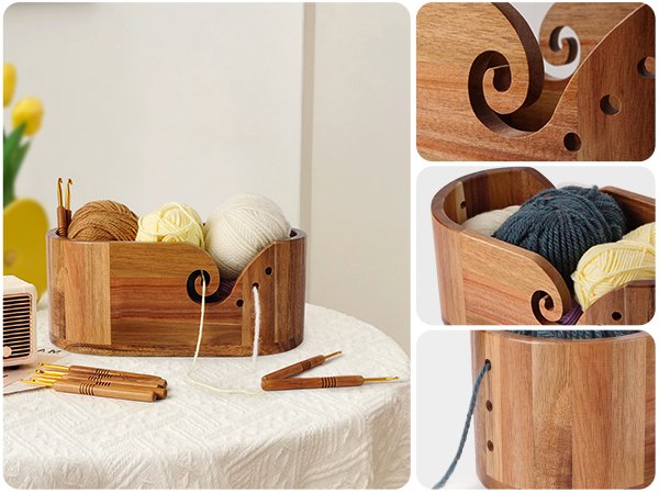 Oval acacia wood yarn bowl filled with balls of yarn and crochet hooks, shown from multiple angles.