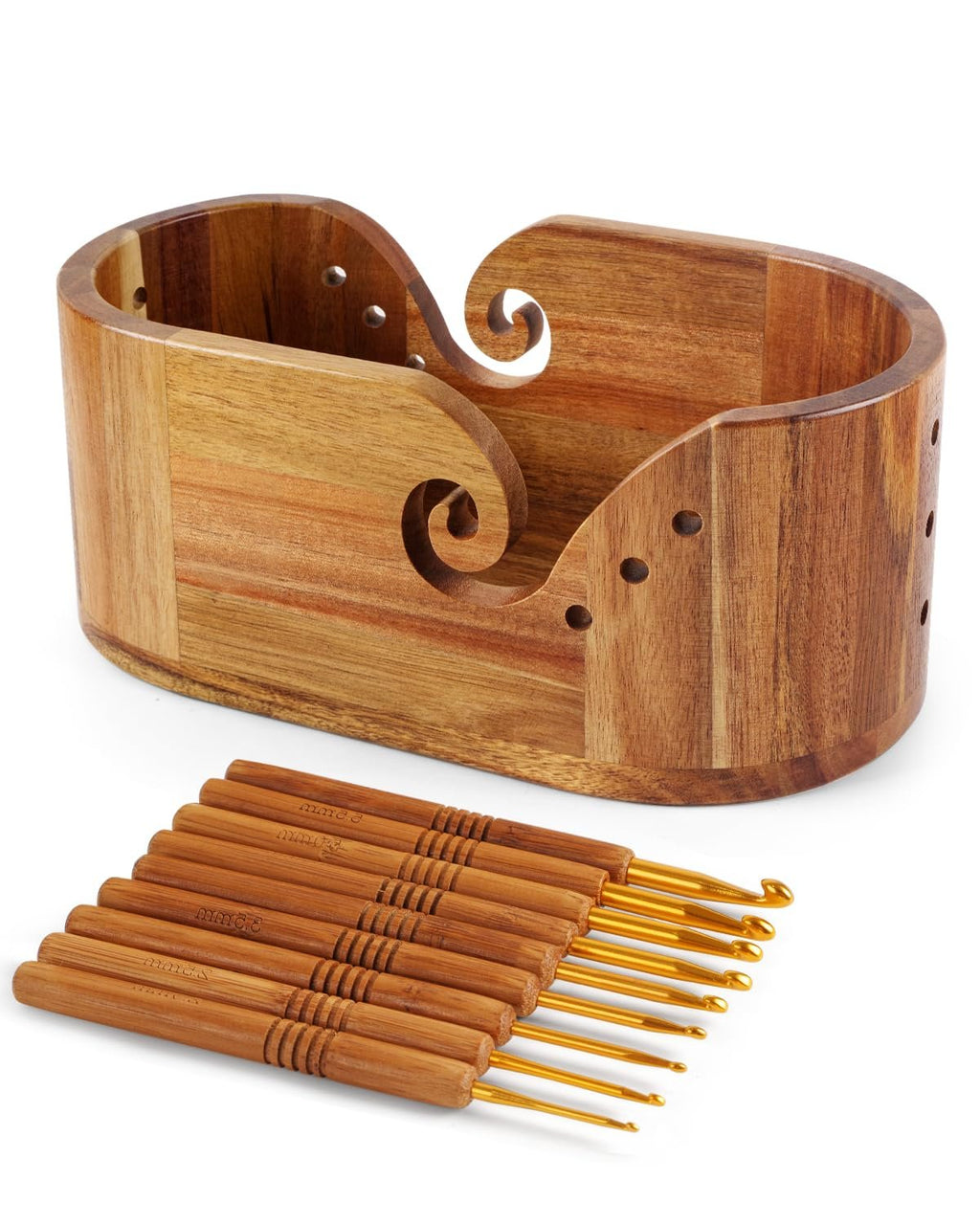 Oval wooden yarn bowl with a set of 9 crochet hooks, shown from a slightly elevated angle on a white background.