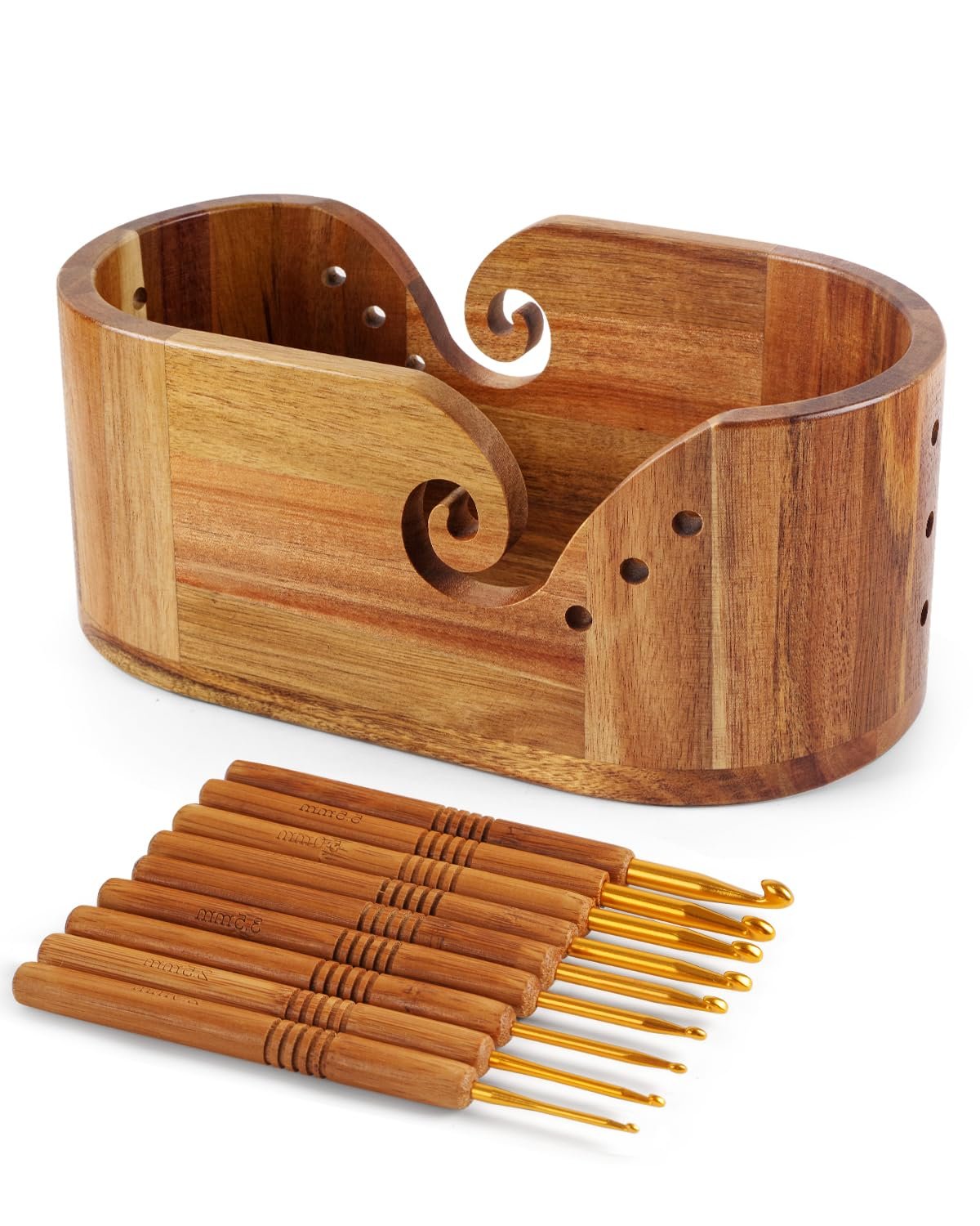 Oval wooden yarn bowl with a set of 9 crochet hooks, shown from a slightly elevated angle on a white background.
