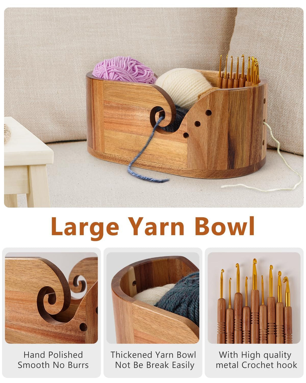 Wooden yarn bowl filled with yarn and crochet hooks, shown with close-ups of the bowl's interior and hooks.