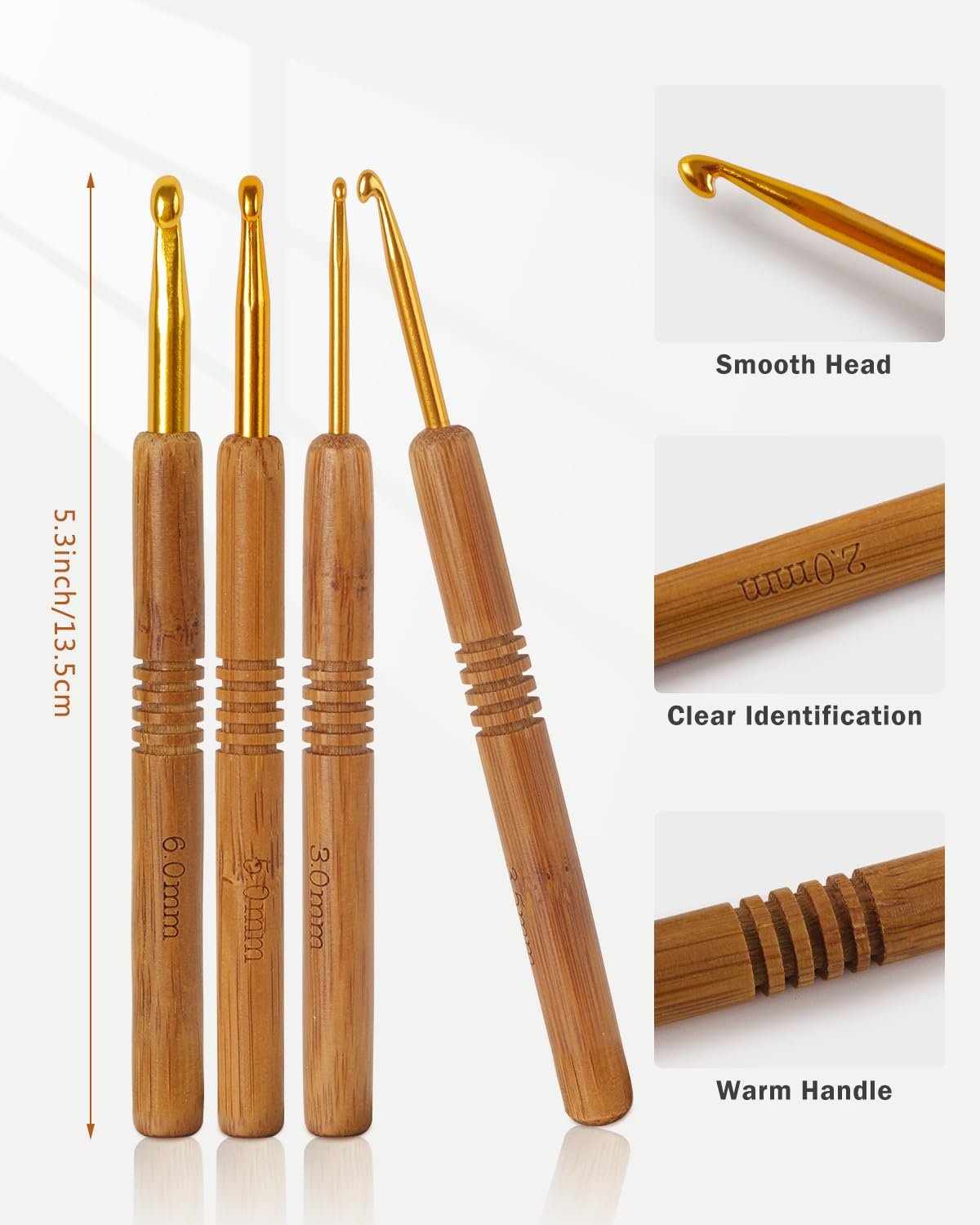 Set of four wooden crochet hooks with gold metal tips, showing sizes 6.0mm, 5.0mm, 3.0mm, and another size. Close-ups highlight smooth head, clear size identification, and warm handle texture.