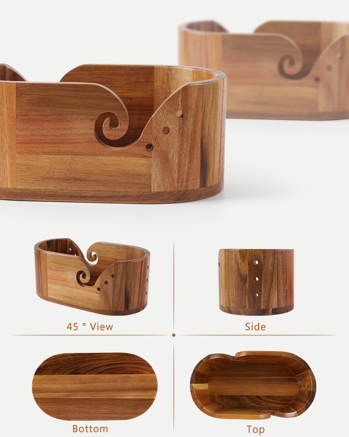 Four views of an oval acacia wood yarn bowl with carved swirls and holes, showing 45 degree, side, bottom, and top perspectives.