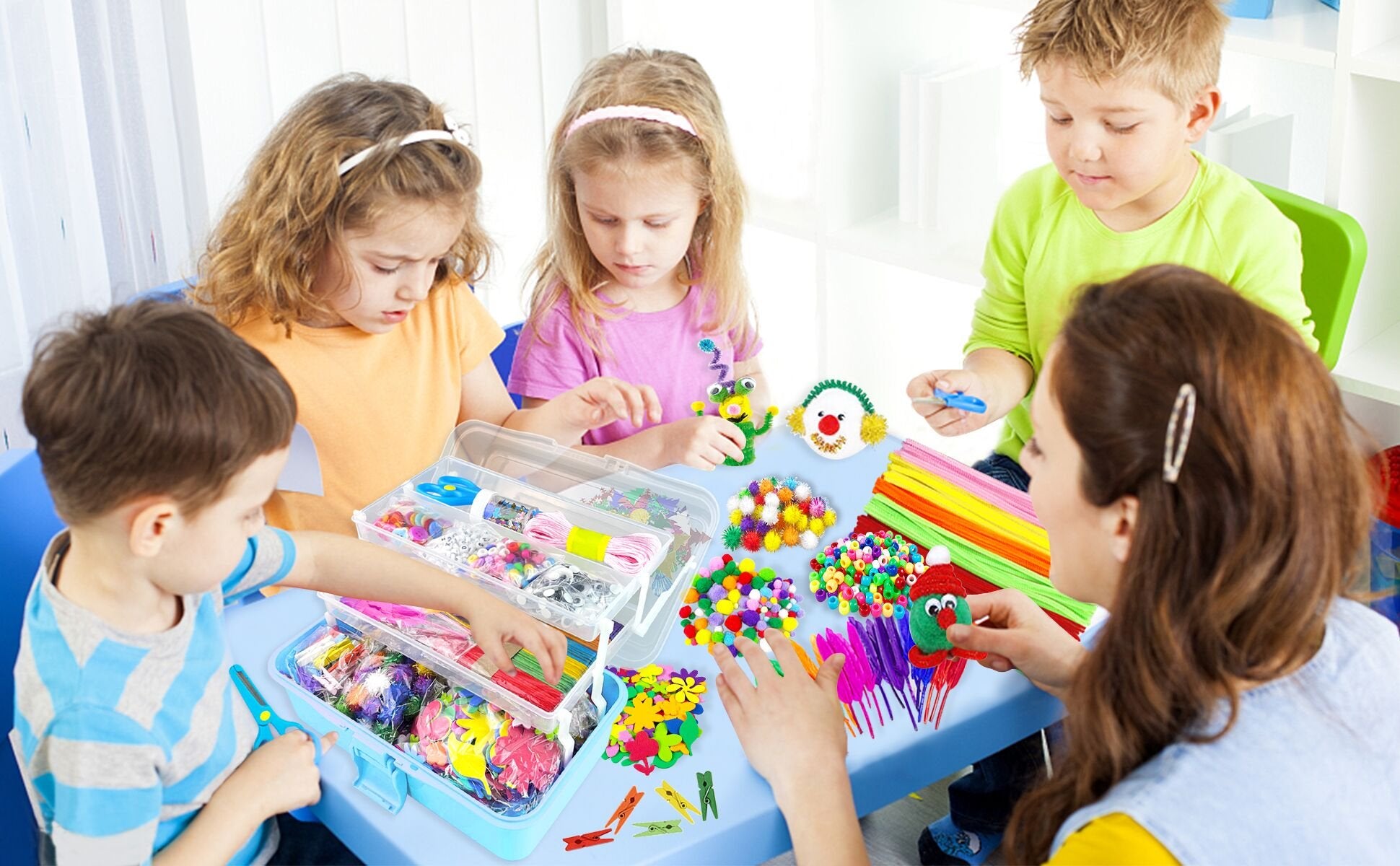 Children and adult crafting with colorful supplies including pipe cleaners, beads, googly eyes, and felt shapes.
