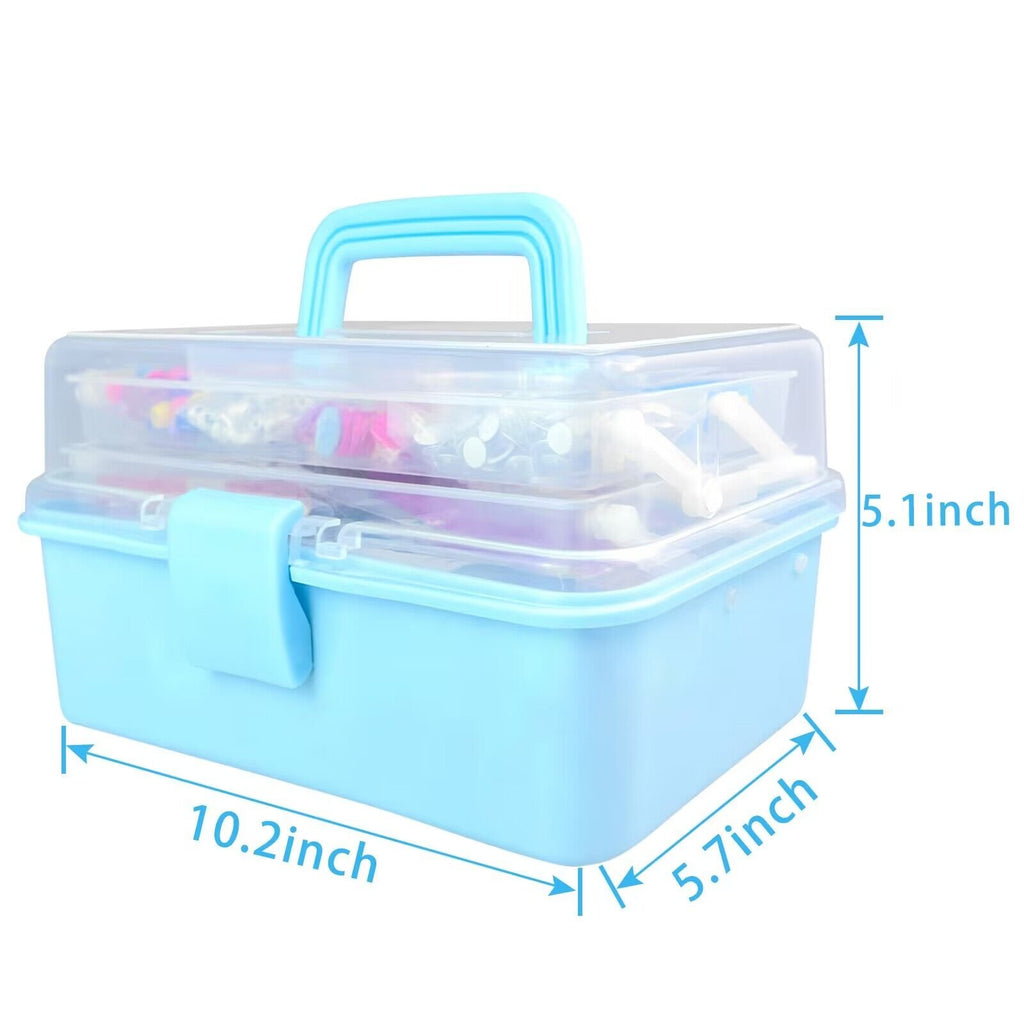 Blue three-tier craft storage box with handle, filled with colorful craft supplies, showing dimensions 10.2in x 5.7in x 5.1in.