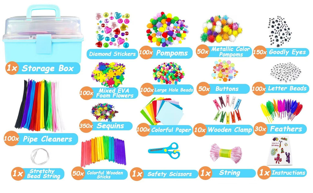 Arts and crafts kit contents including storage box, pipe cleaners, pom poms, beads, feathers, and more.