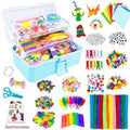 Arts and crafts kit for kids with a blue storage box filled with supplies like pipe cleaners, googly eyes, beads, and craft sticks.