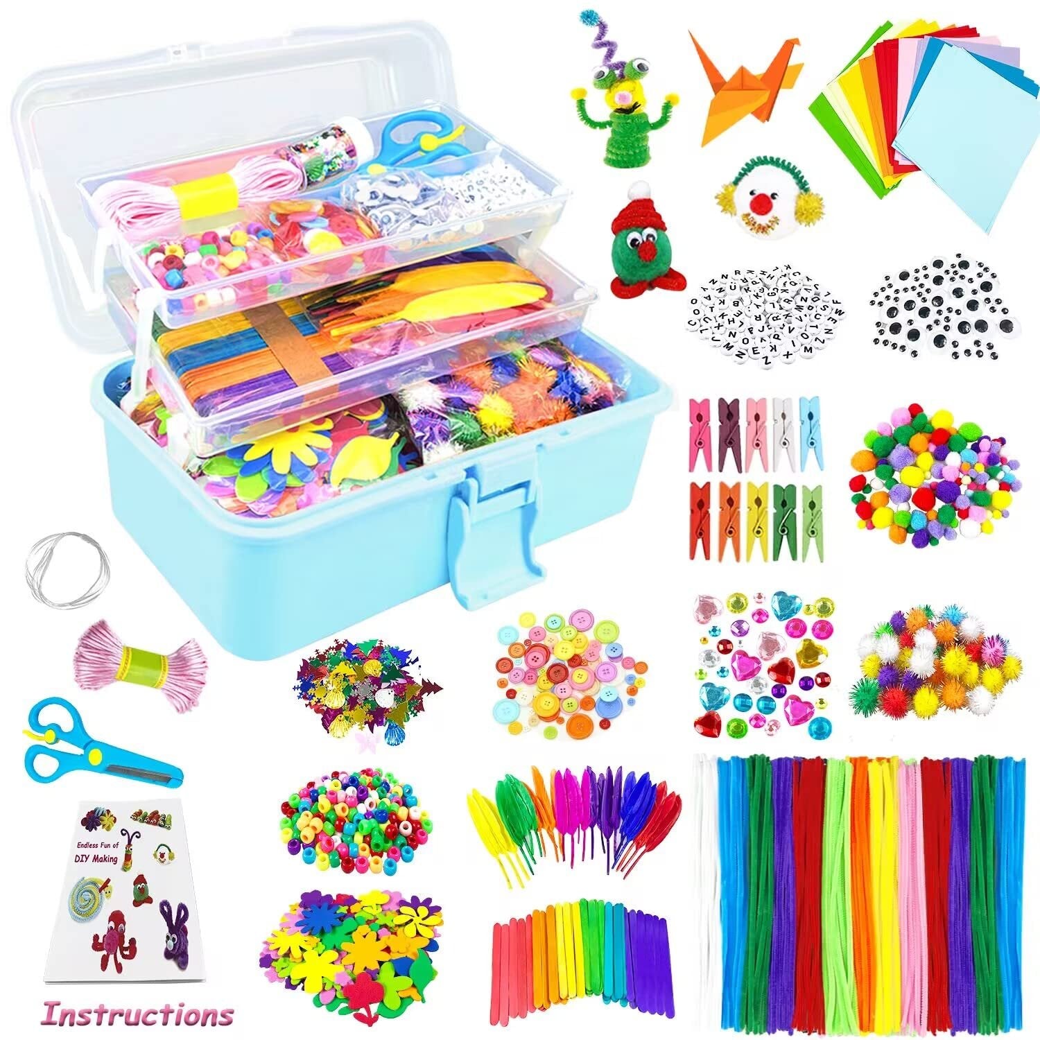 Arts and crafts kit for kids with a blue storage box filled with supplies like pipe cleaners, googly eyes, beads, and craft sticks.