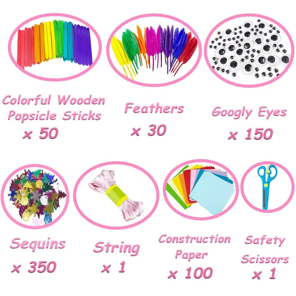 Arts and crafts supplies kit contents: colorful popsicle sticks, feathers, googly eyes, sequins, string, construction paper, and safety scissors.