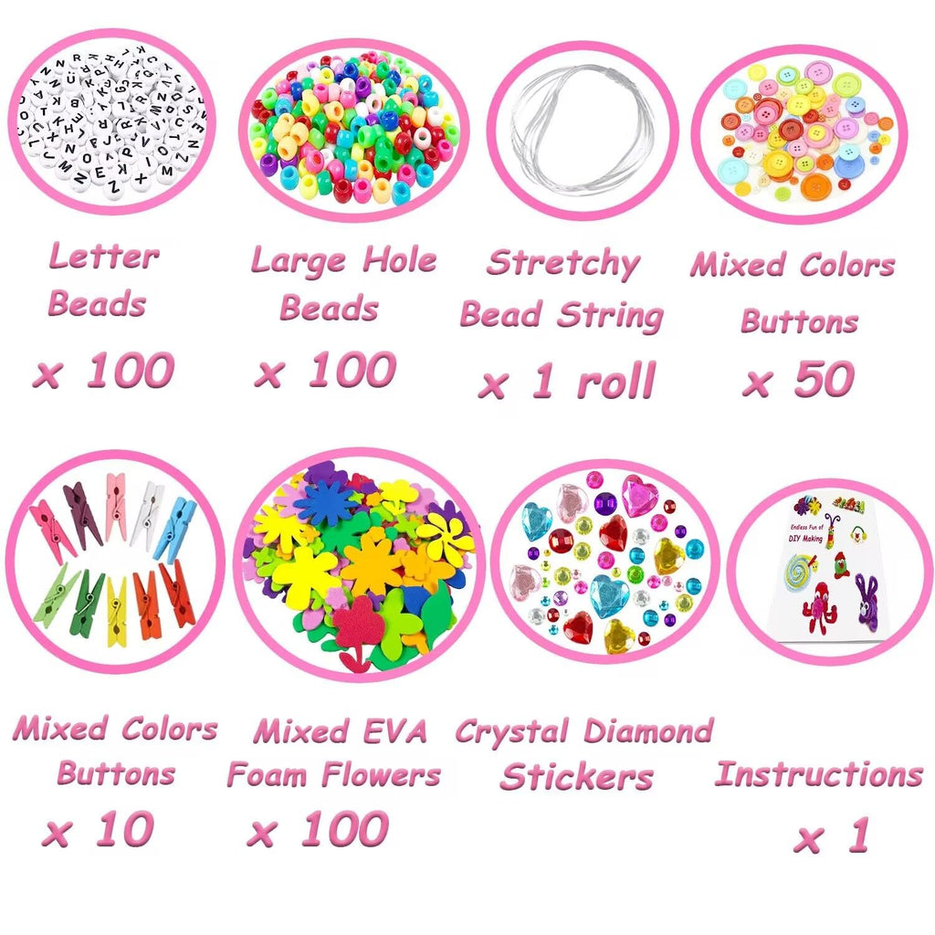 Arts and crafts kit contents including letter beads, large hole beads, bead string, buttons, clothespins, foam flowers, stickers, and instructions.