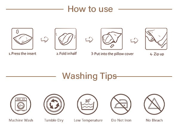 Instructions for using and washing plaid throw pillow covers, showing steps for insertion and care symbols.