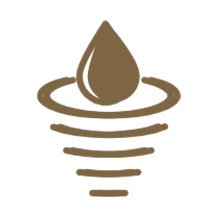 Brown icon of a water droplet above concentric rings, symbolizing absorbency.