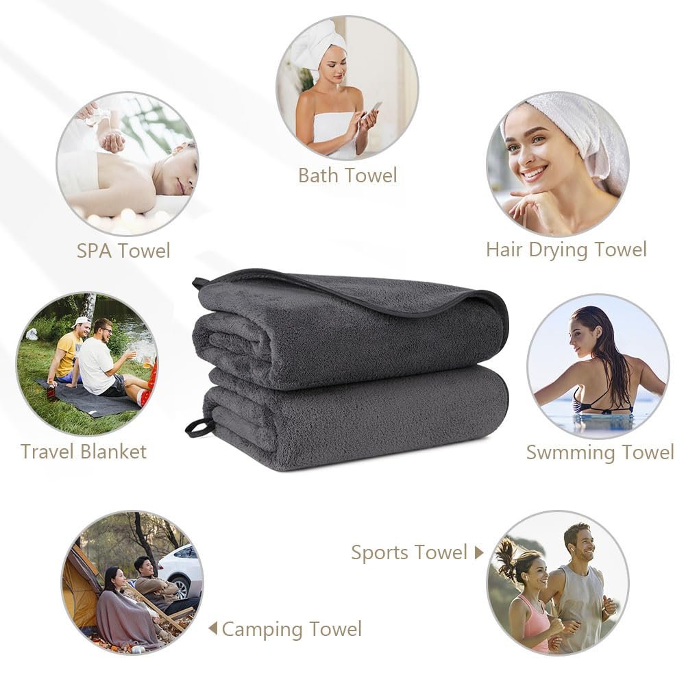 Stack of two grey microfiber bath towels with circular lifestyle images showing various uses around them.