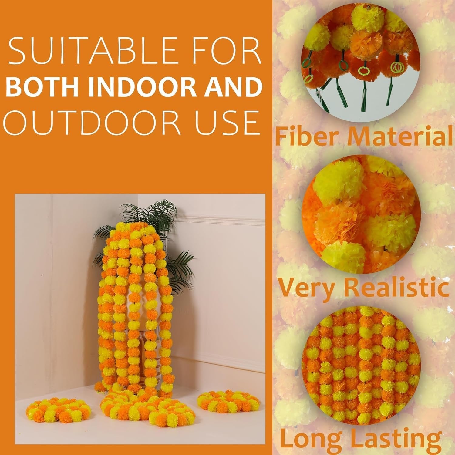 Artificial marigold flower garlands in orange and yellow, displayed indoors and outdoors.