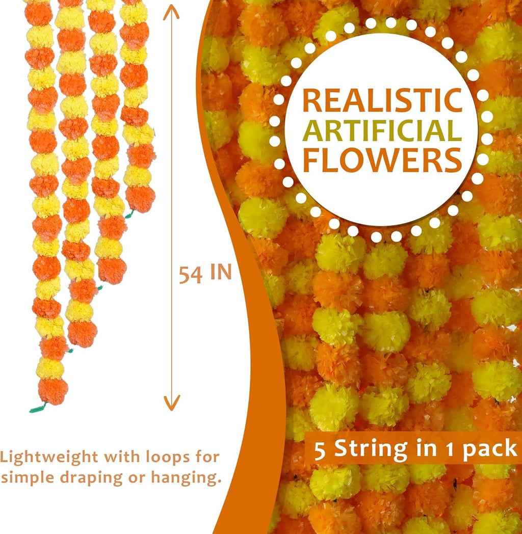 Artificial marigold flower garlands in orange and yellow, shown hanging and in a close-up view. Text indicates realistic flowers and 5 strings per pack.
