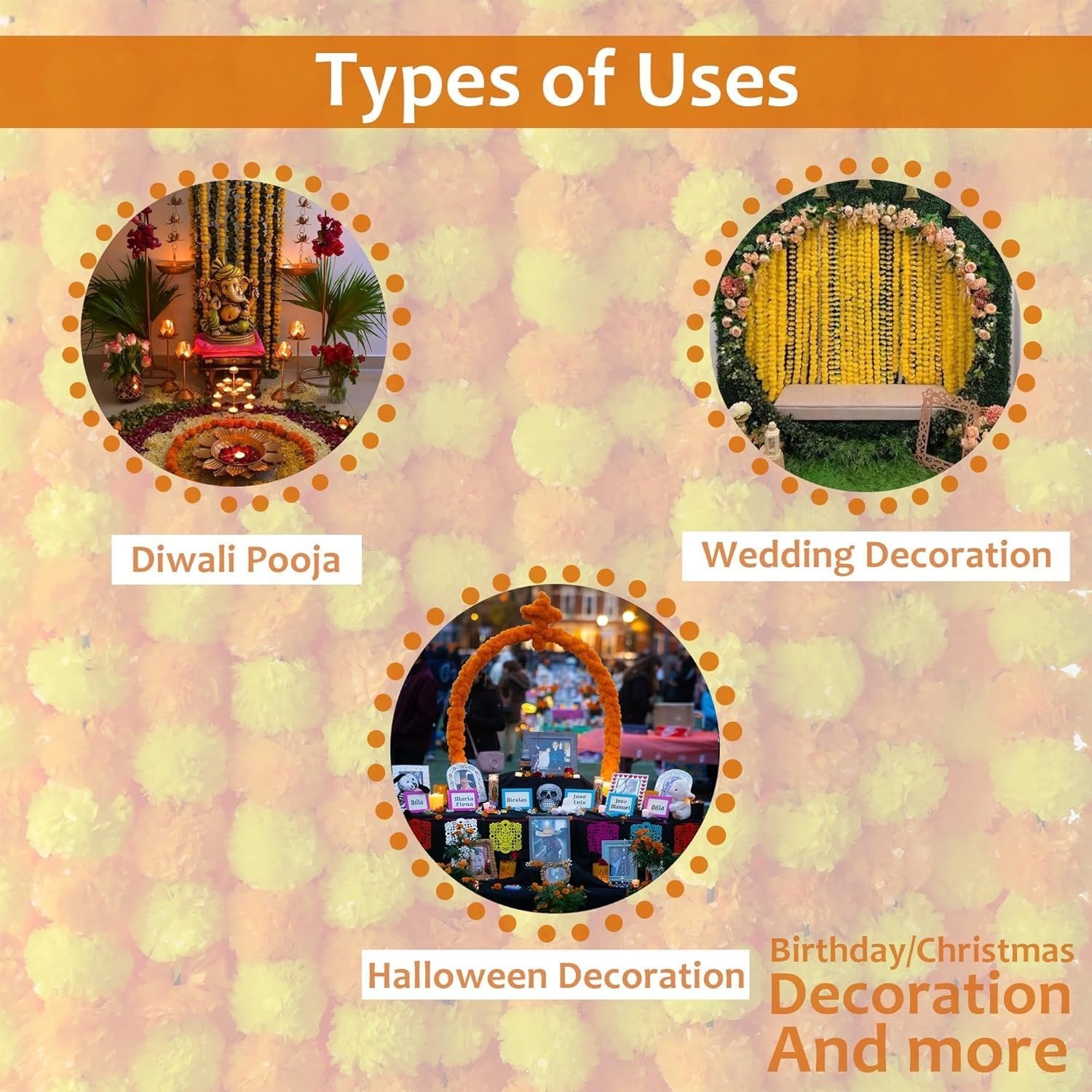Collage showing different uses for marigold flower garlands: Diwali Pooja, Wedding Decoration, Halloween Decoration, and Birthday/Christmas Decoration.