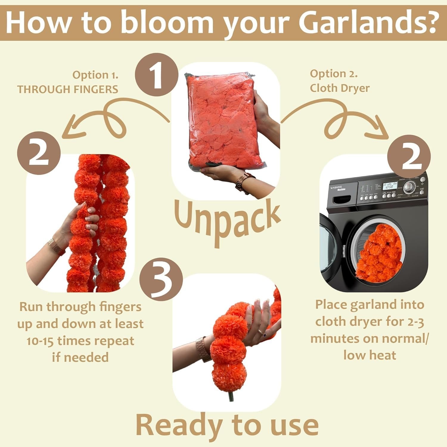 Instructions on how to fluff artificial marigold garlands using fingers or a cloth dryer.