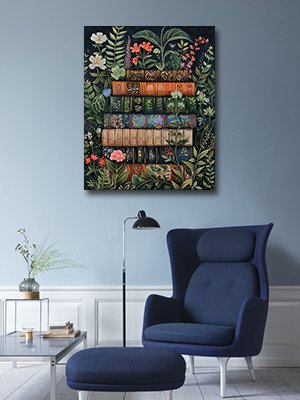 Framed painting of stacked books with flowers and plants, displayed in a living room setting.