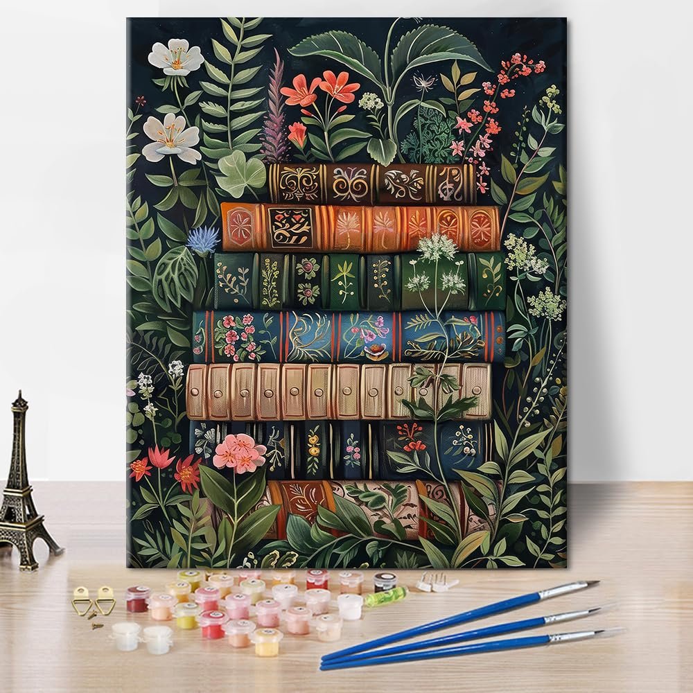 Paint by number kit with paints, brushes, and hardware, featuring a canvas with stacked books and floral designs.