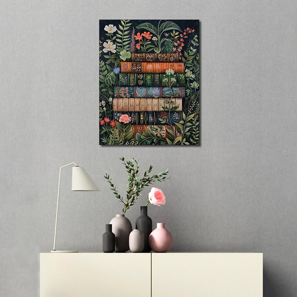 Paint by number canvas art depicting a stack of vintage books surrounded by lush green foliage and colorful flowers.