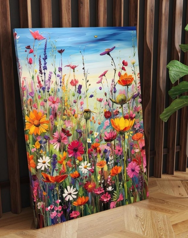 Vibrant floral painting on canvas, featuring a field of colorful wildflowers under a blue sky.