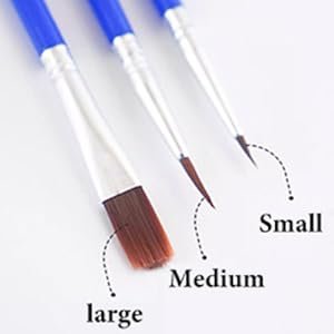 Three paint brushes with blue handles, labeled large, medium, and small.