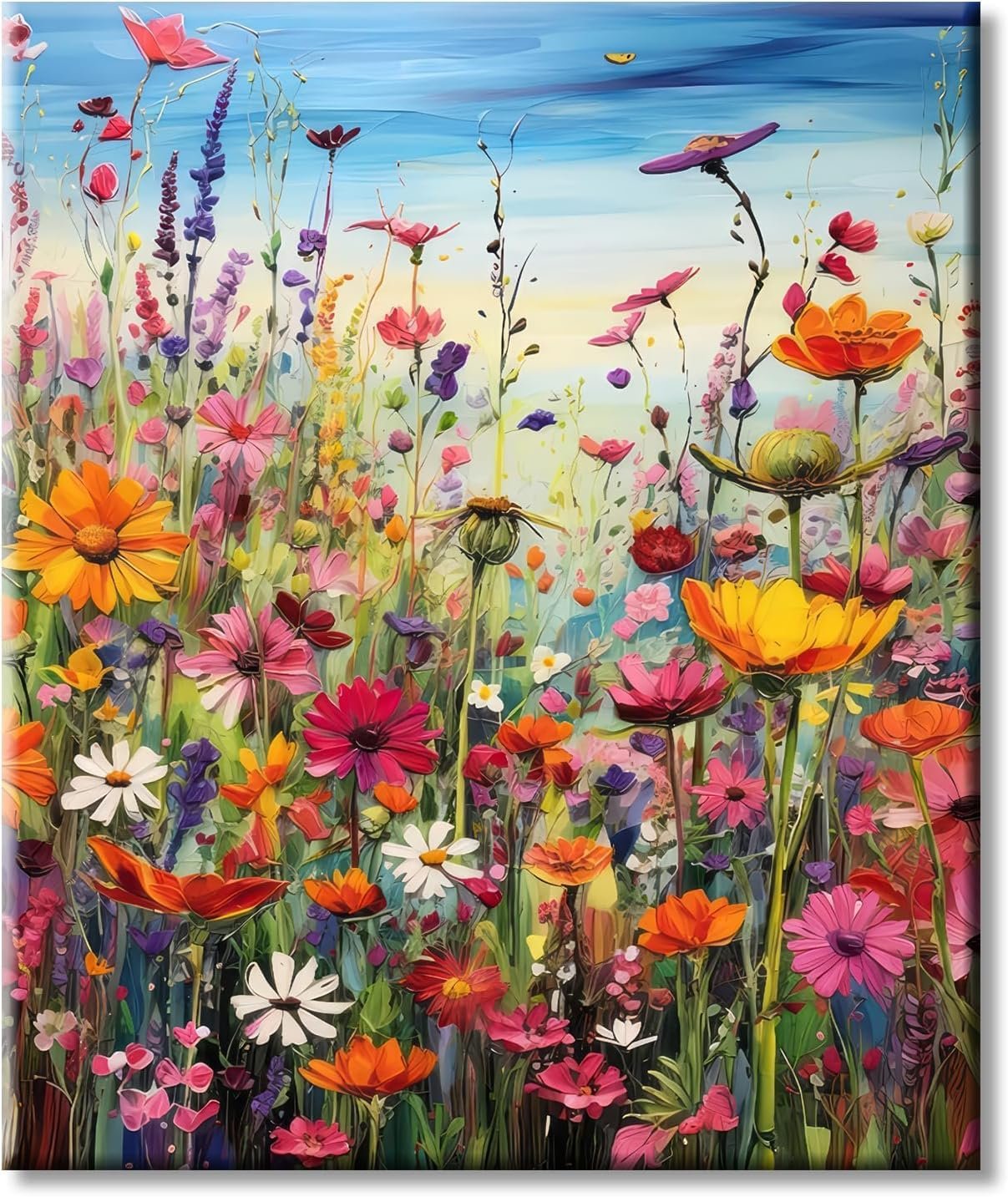 Vibrant field of wildflowers with a blue sky background, featuring various colorful blooms like daisies, poppies, and sunflowers.