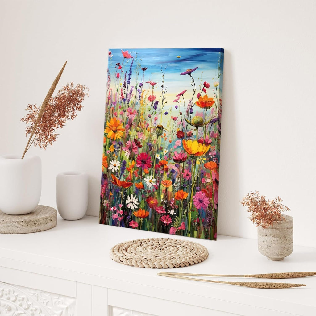 Colorful floral painting on canvas displayed on a white shelf with decorative vases and dried plants.