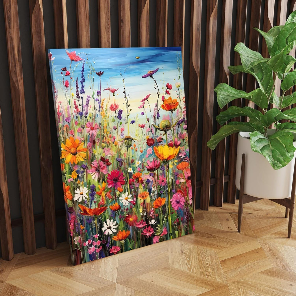 Vibrant floral painting on canvas leaning against a wooden wall with a potted plant nearby.