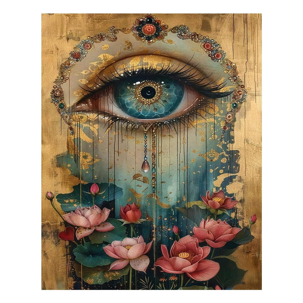 Close-up of an artistic eye design with lotus flowers and golden accents, abstract background