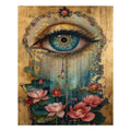 Close-up of an artistic eye design with lotus flowers and golden accents, abstract background