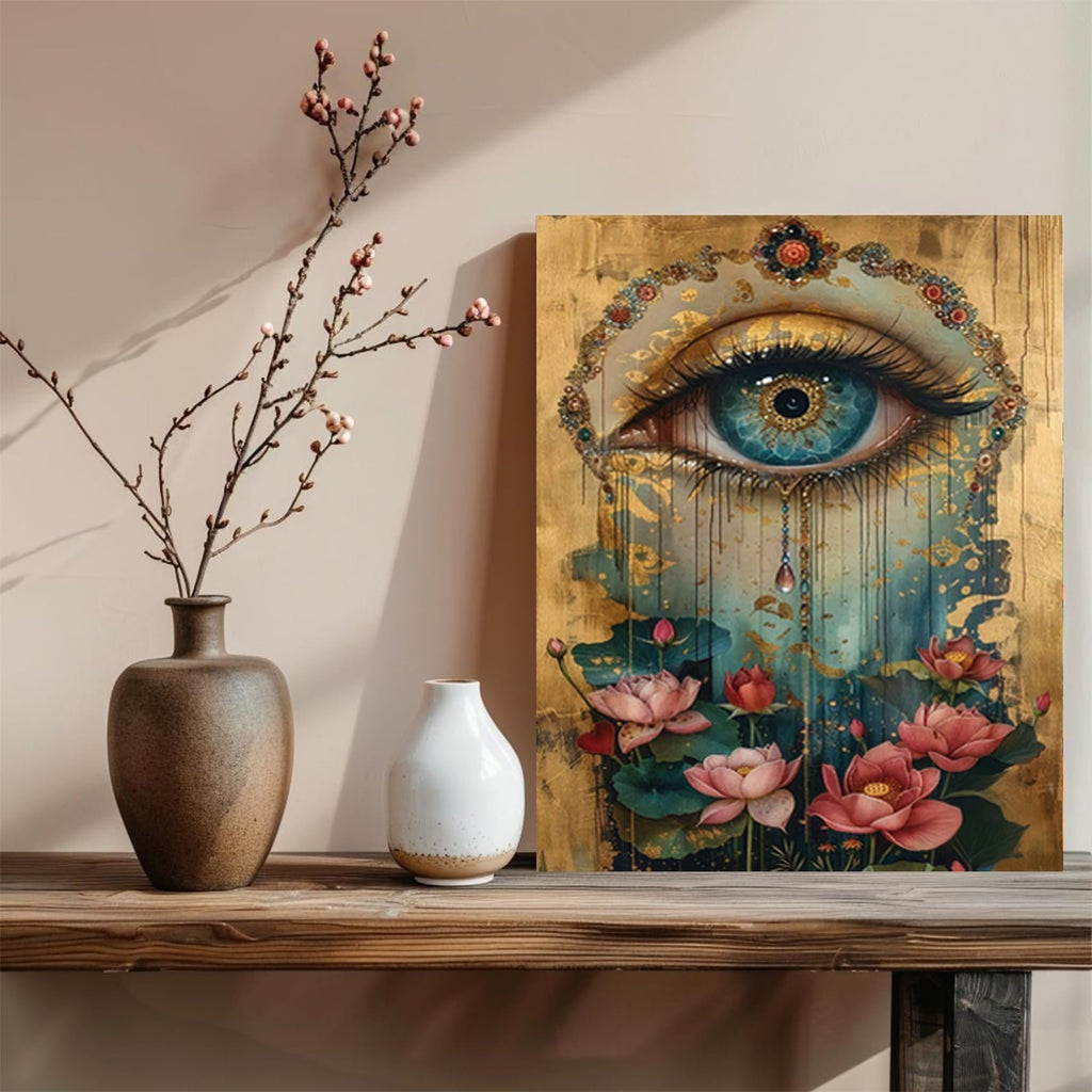 Paint by numbers canvas featuring an eye and lotus flowers with a gold textured background.